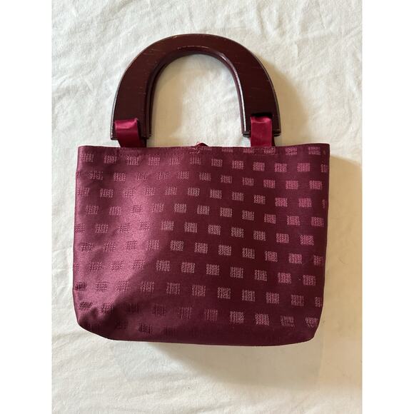 Vintage Maroon Satin Handbag with Wood Handles | Retro Boho Bag - Picture 2 of 6